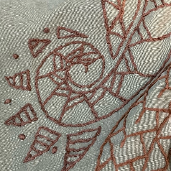 OOAK Army Green Capris With Polynesian Motif Embroidery & Paint Splatters - Picture 2 of 16